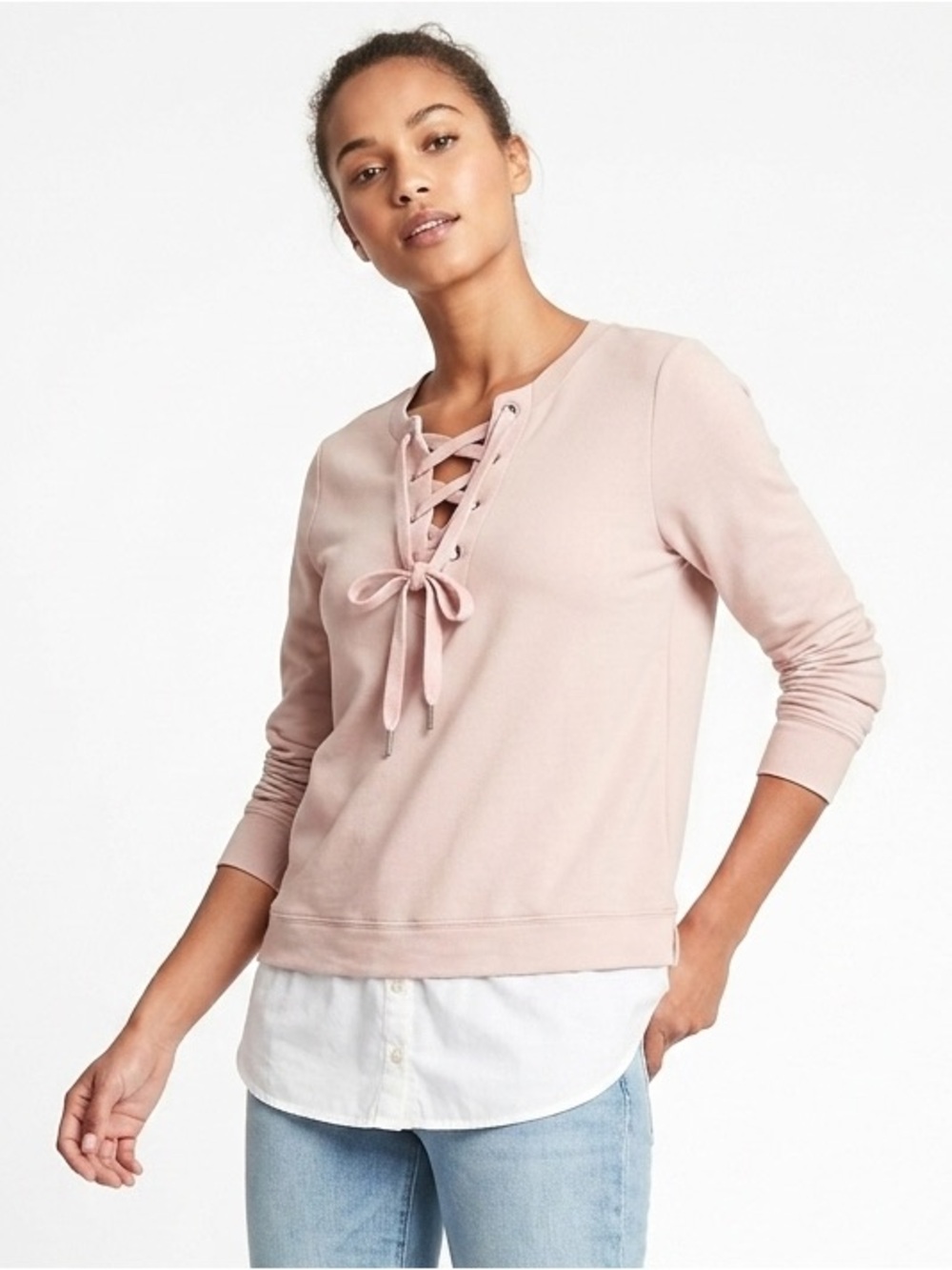 CALVIN KLEIN Lace Up V Neck Shirt Tail Layered Top Sweatshirt Blush Pink XS EUC